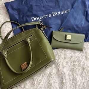 Dooney & Bourke Olive Green Leather Satchel Bag w/ Long Strap & Matching Wallet